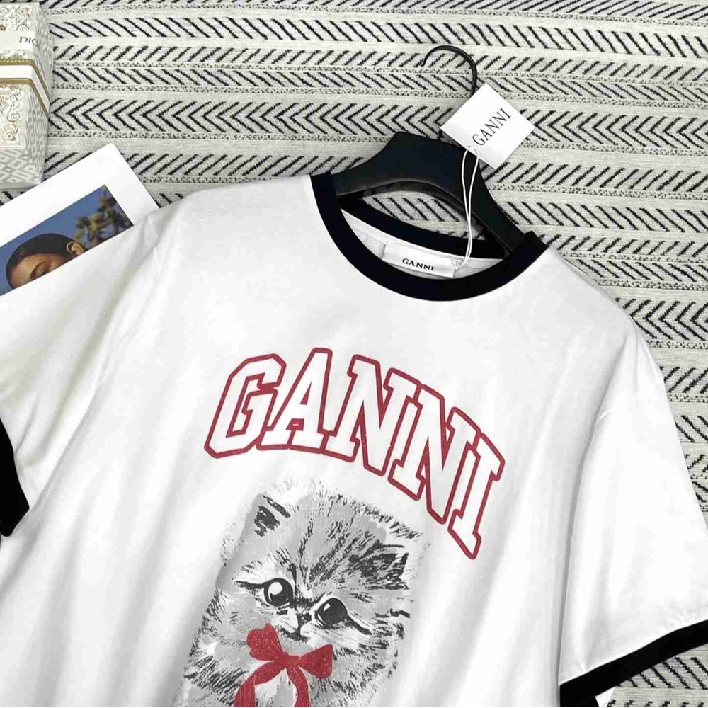 Ganni White Tee with Cat and Red Text - Picture 3 of 5